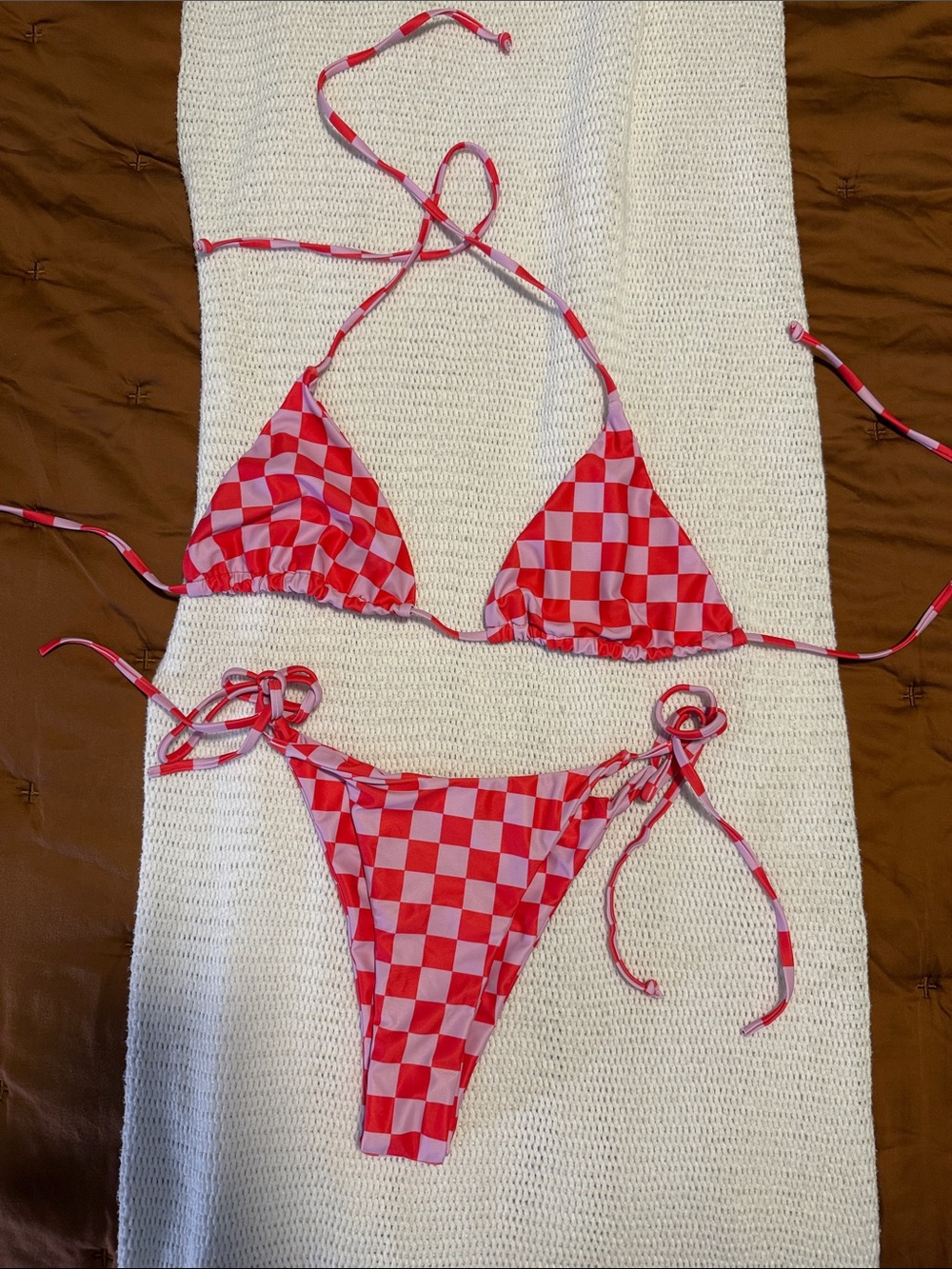 Red & Pink Checkerboard Tie-Side Bikini